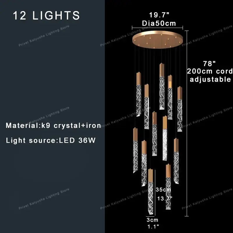 Modern gold crystal circular staircase chandelier with bronze top and geometric patterned crystal rods by decorbites