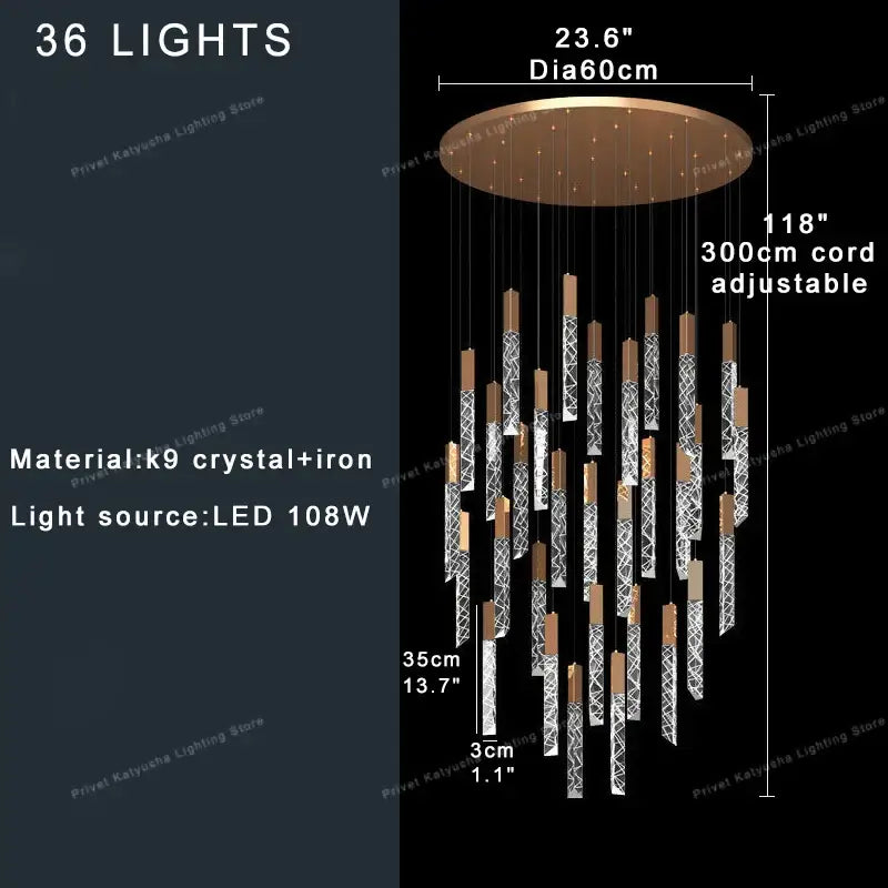 Elegant modern gold crystal circular staircase chandelier with 36 led lights crafted from k9 crystal and bronze iron
