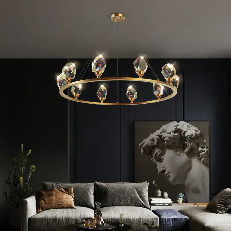 Modern gold crystal copper round chandelier featuring faceted crystal pendants for elegant dining room decorbites crystal copper lighting