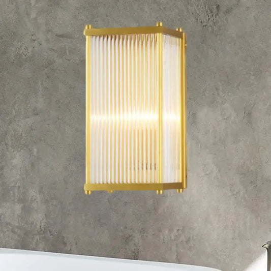 Modern gold crystal cuboid wall sconce light with gold frame and vertical frosted glass panels direct wired electric