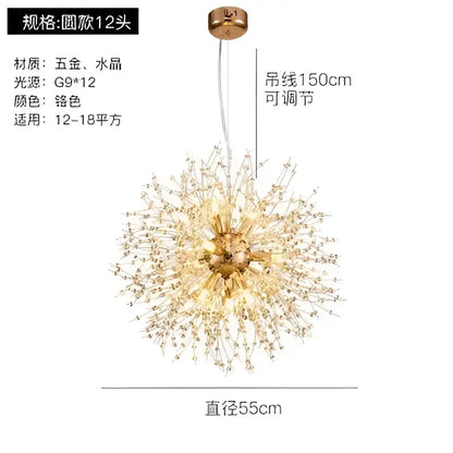Modern gold crystal dandelion pendant light with 150cm adjustable chain and 55cm diameter for dining room decorbites pendant lights