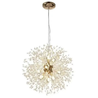 Modern gold crystal dandelion pendant light featuring sparkling crystal strands and brass fixture for dining room decorbites pendant lights