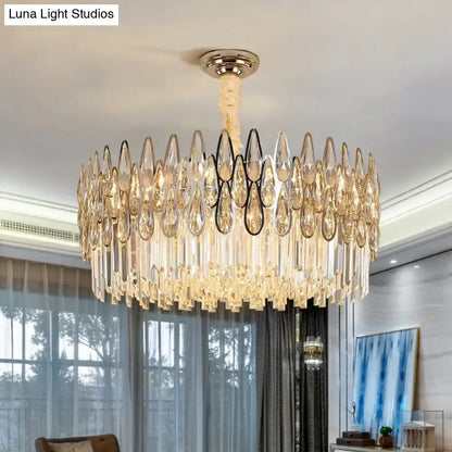 DecorBites™ minimalist k9 crystal drum pendant light with cascading teardrop crystals and polished gold frame for living room