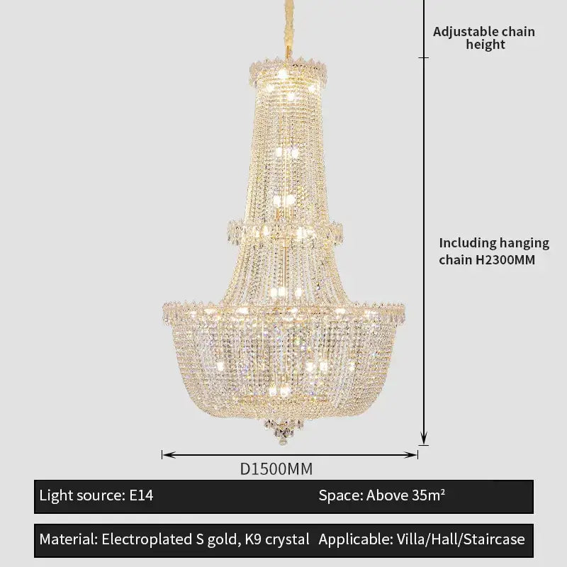 Modern gold crystal duplex chandelier with cascading k9 crystals by decorbites for elegant villa or grand hall decor