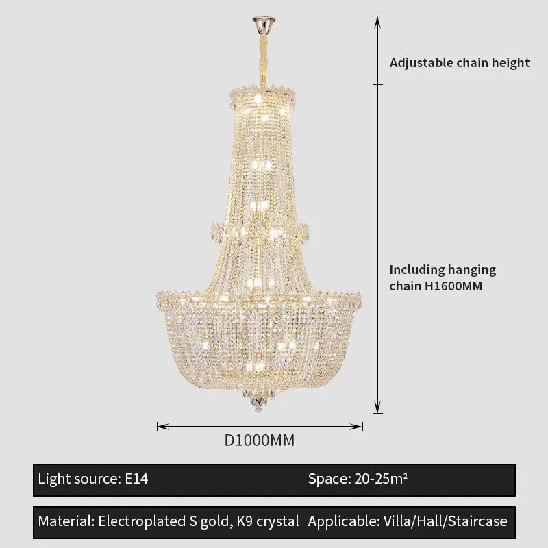 Modern gold crystal duplex chandelier featuring cascading k9 crystal strands and electroplated s gold finish by decorbites crystal duplex