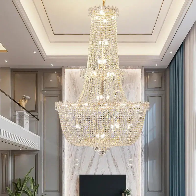 Modern gold crystal duplex chandelier with cascading clear faceted crystals for elegant living room decorbites crystal duplex