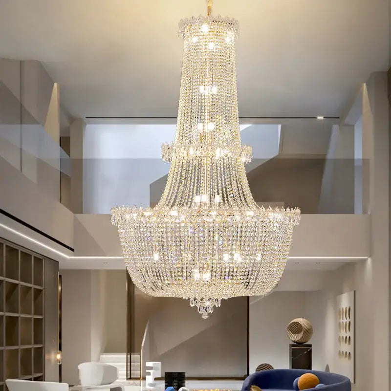 Modern gold crystal duplex chandelier with cascading clear faceted crystals and warm lights for living room decorbites crystal duplex