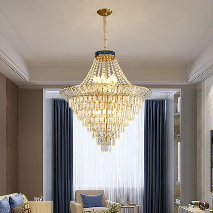 Modern gold crystal duplex chandelier with gold metal frame and cascading clear faceted crystals for living room decorbites crystal duplex
