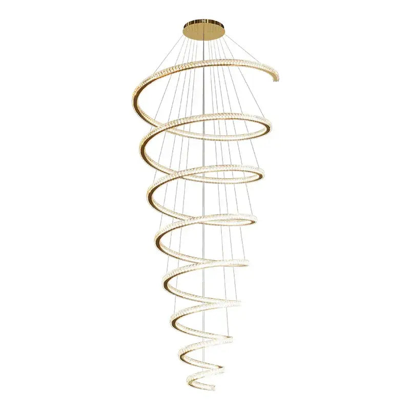 Modern gold crystal duplex ring pendant light with warm led spiral rings and clear crystals for dining room decorbites chandelier