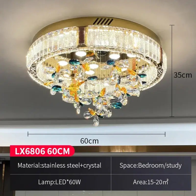 Modern gold crystal flower led ceiling lamps feature a gold stainless steel frame with multicolored crystal droplets for living room decorbites ceiling lamps