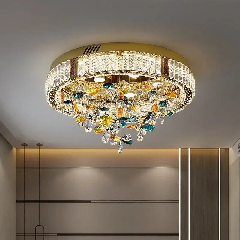 Modern gold crystal flower led ceiling lamps with gold metal frame and colorful crystal droplets for living room decorbites ceiling lamps
