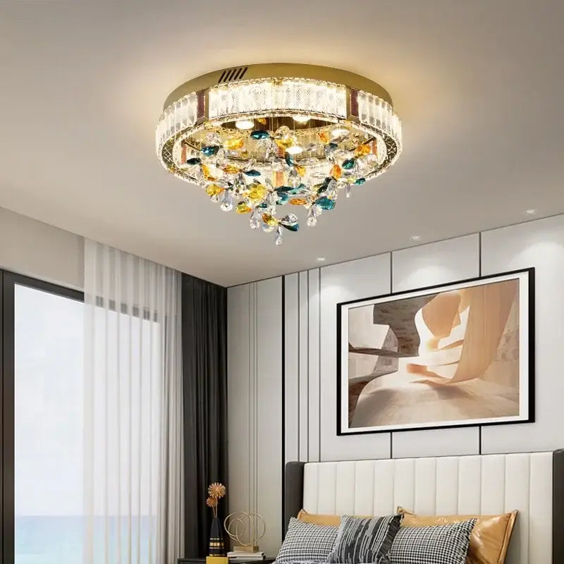 Modern gold-toned crystal flower led ceiling lamp with colorful leaf-shaped accents for living room decorbites crystal flower