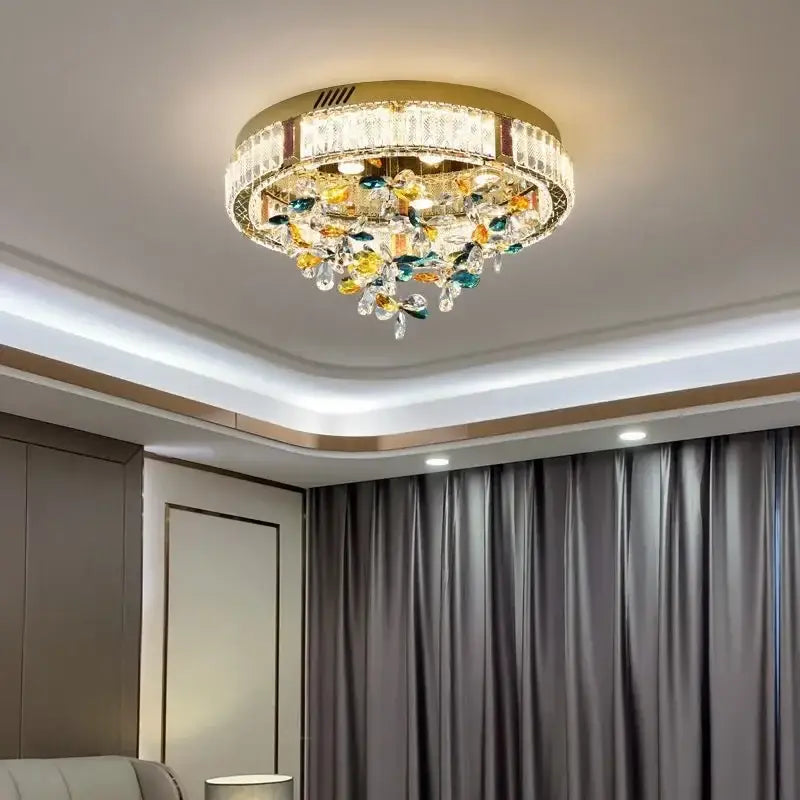 Modern gold crystal flower led ceiling light with gold frame and yellow green blue crystal droplets for living room decorbites decor