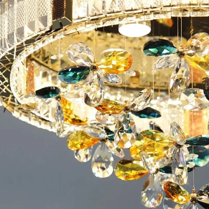 Modern gold crystal flower led ceiling light with yellow and teal crystal flowers for living room decorbites ceiling light