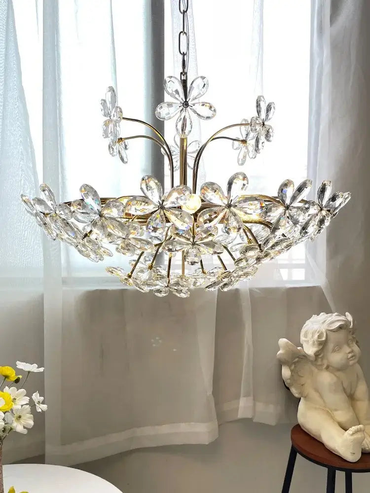 Modern gold crystal flower pendant chandelier with clear faceted crystal flowers for living room decorbites crystal flower decor