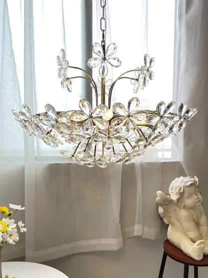 Modern gold crystal flower pendant chandelier with clear faceted crystal flowers for living room decorbites crystal flower decor