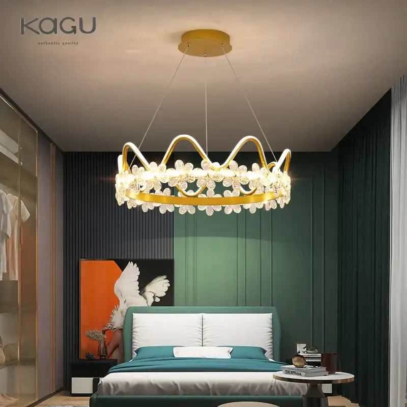 Modern gold crystal flower ring chandelier with crown design and led lights for elegant living room decorbites crystal flower
