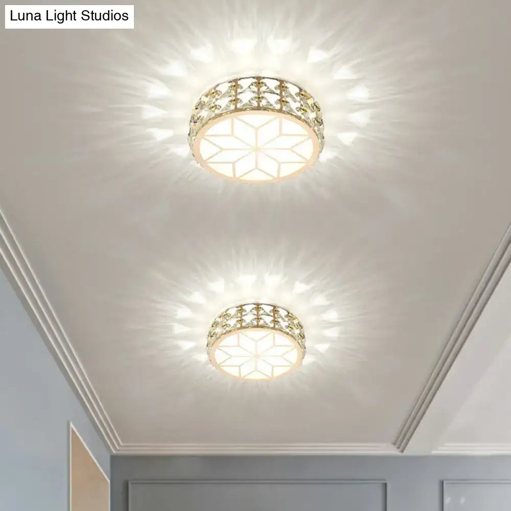 Gold-toned DecorBites flush mount ceiling light with crystal-encrusted starburst diffuser for elegant passageway lighting