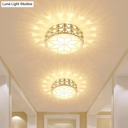 Decorbites champagne flush mount ceiling light with gold-toned crystal frame and frosted glass diffuser for passageway