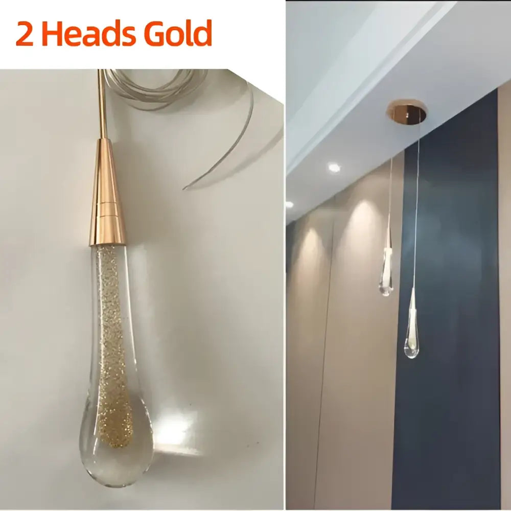 Modern gold crystal glass led pendant light with a teardrop-shaped clear glass filled with sparkling gold glitter for dining room decorbites crystal glass pendant lights