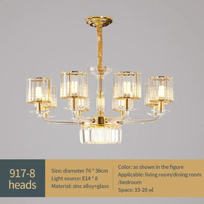 Modern gold crystal glass pendant lamp with eight crystal-encased lights and zinc alloy frame for dining room decorbites crystal glass