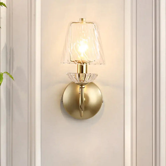 Modern gold crystal glass sconce with textured glass shade and crystal accents for living room wall lighting