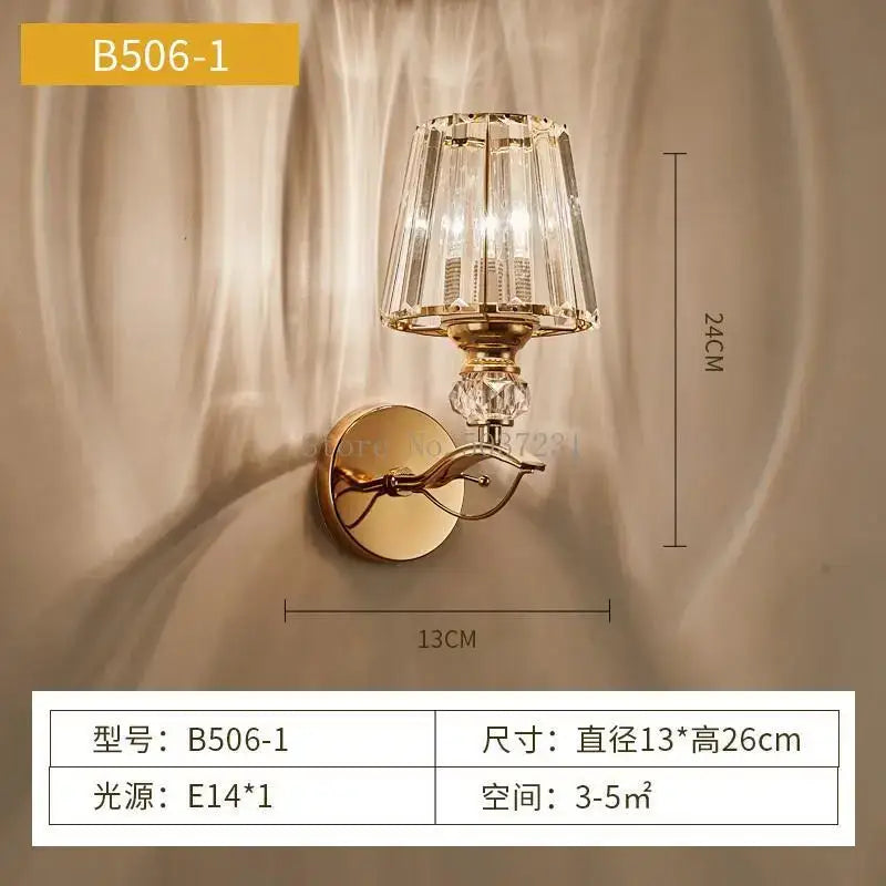 Modern gold crystal glass wall lamp with faceted crystal shade and decorative accents for luxury bedroom decorbites crystal glass wall lamp