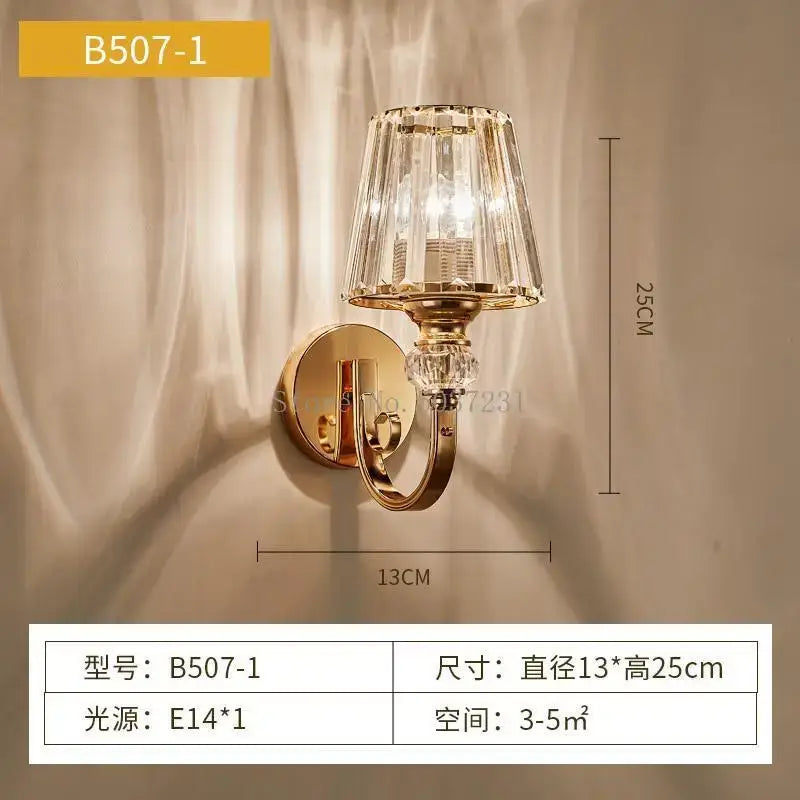 Modern gold wall lamp with decorbites crystal glass faceted shade and decorative crystal glass wall bead for luxury decor