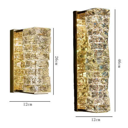 Modern gold wall sconce with decorbites crystal glass stacked design and warm led lighting for bedroom decor