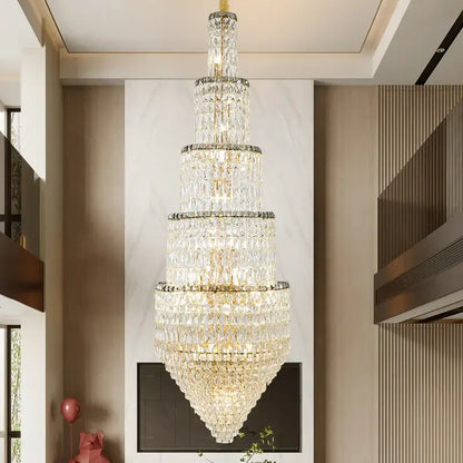 Modern gold crystal hollow long chandelier with cascading clear crystals for villa hall lighting decorbites crystal hollow