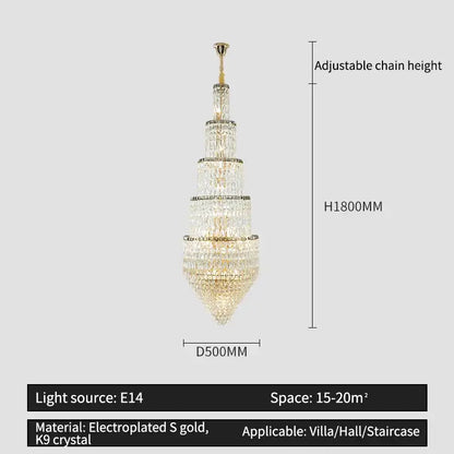 Modern gold crystal hollow long chandelier with tiered design and cascading k9 crystal elements for villa hall lighting