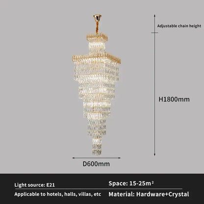 Modern gold crystal hollow stair chandelier with multi-tiered crystals and adjustable chain decorbites crystal hollow design