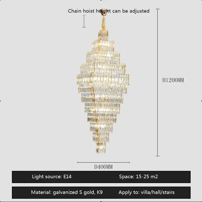 Modern gold crystal large chandelier with multiple tiers of clear prisms on a galvanized s gold k9 frame for living room stairs