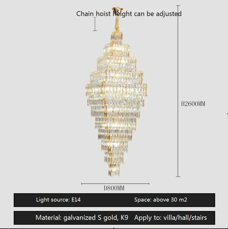 Modern gold afralia crystal large chandelier with cascading clear prisms for living room stairs lighting