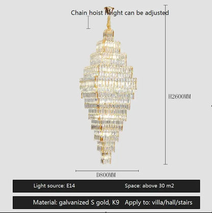 Modern gold afralia crystal large chandelier with cascading clear prisms for living room stairs lighting