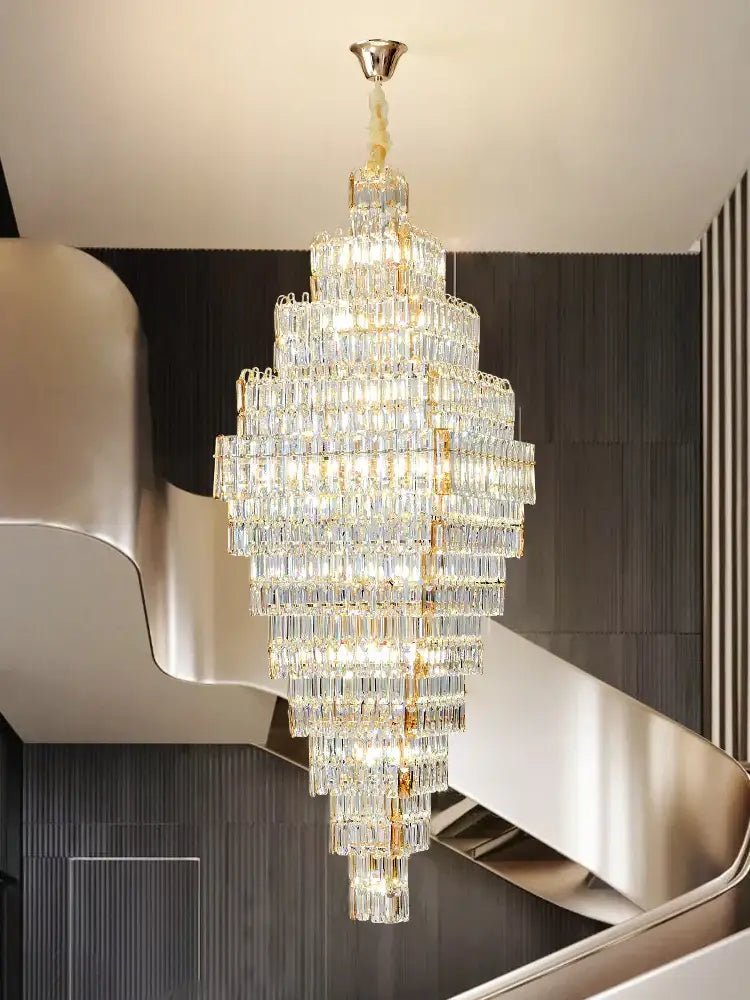 Modern gold crystal large chandelier with afralia crystal and gold-toned metal accents for living room stairs lighting
