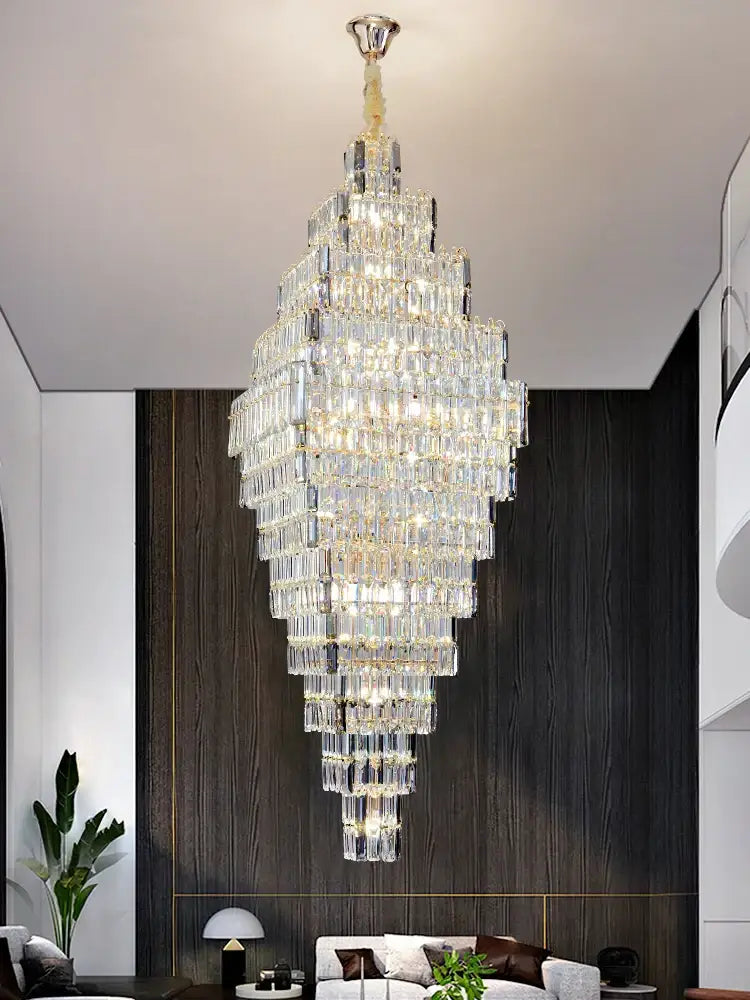 Modern gold afralia crystal large chandelier with cascading rectangular prisms for living room stairs lighting
