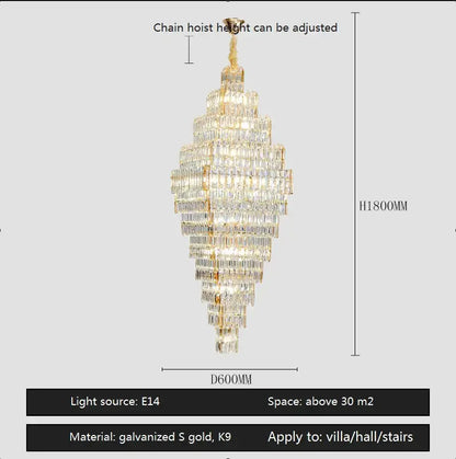 Modern gold afralia crystal large chandelier with cascading k9 prisms for living room stairs lighting
