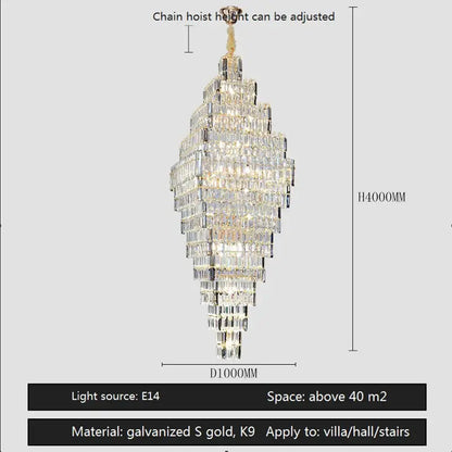 Modern gold crystal large chandelier for living room stairs with afralia crystal large clear faceted crystals and k9 metal