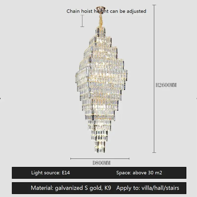 Modern gold afralia crystal large chandelier with tiered crystals and adjustable chain for living room stairs