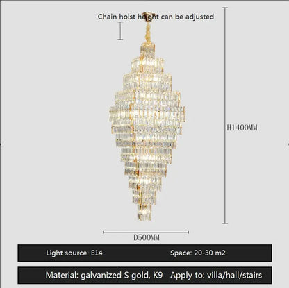Modern gold crystal large chandelier with clear crystal prisms and k9 frame for living room stairs by afralia crystal