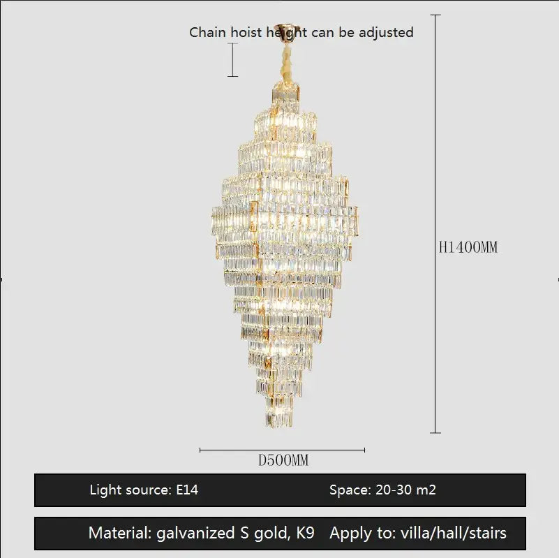 Modern gold crystal large chandelier with clear crystal prisms and k9 frame for living room stairs by afralia crystal
