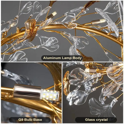 Modern gold crystal leaf branch chandelier with golden aluminum and clear glass crystal leaves for dining room decorbites crystal leaf