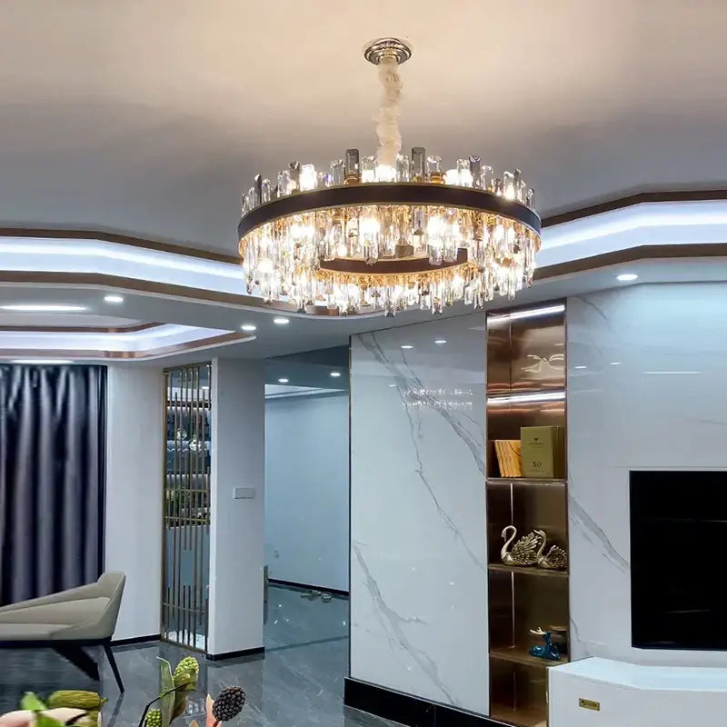 Modern gold crystal leather chandelier with cascading clear crystals by decorbites for elegant living room decor
