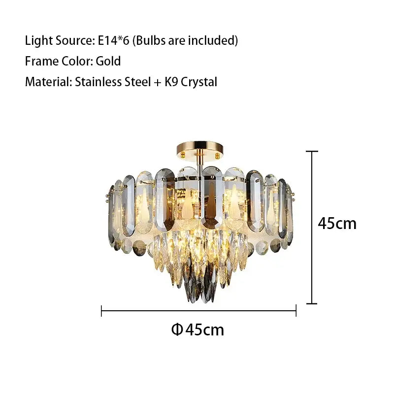 Modern gold crystal led ceiling chandelier with cascading k9 crystals and stainless steel accents for dining room decorbites crystal led