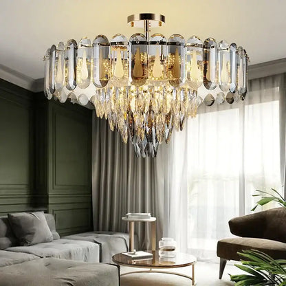 Modern gold crystal led ceiling chandelier with cascading clear and amber crystal droplets for elegant dining room decorbites crystal led