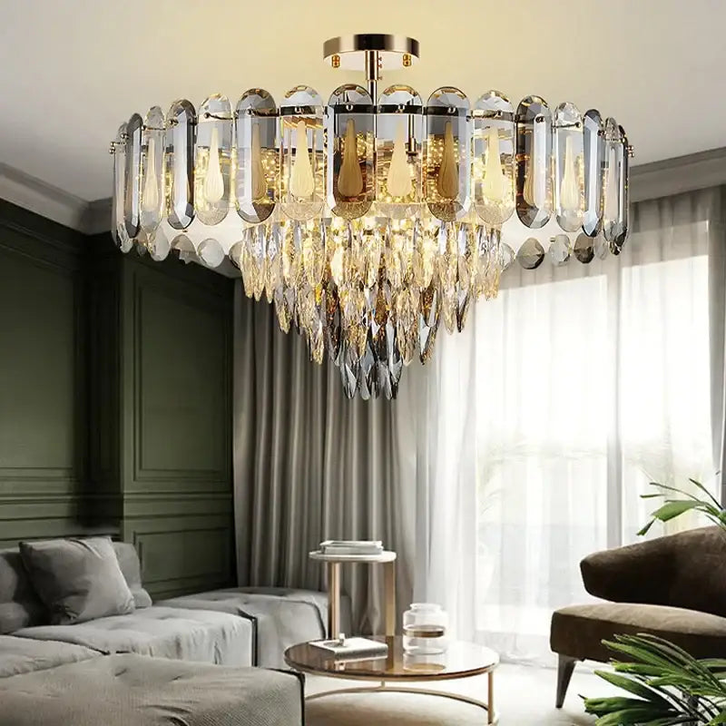 Modern gold crystal led ceiling chandelier with cascading clear and amber crystal droplets for elegant dining room decorbites crystal led