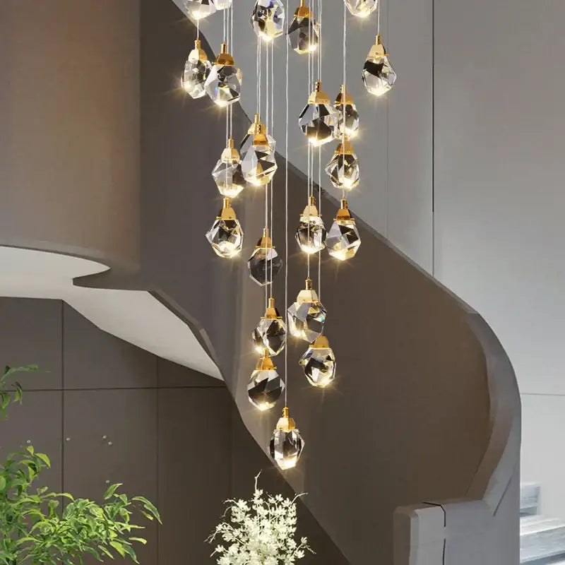 Modern gold crystal led ceiling chandelier with faceted glass pendants and metal fixtures for dining room decorbites crystal led