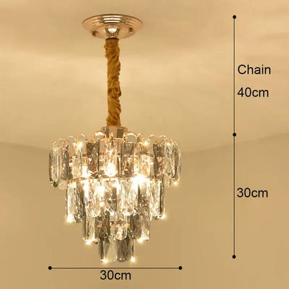 Modern gold crystal led ceiling chandelier with clear glass prisms and twisted rope chain for dining room decorbites crystal led