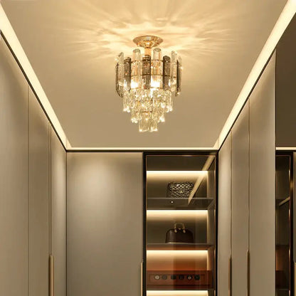 Modern gold crystal led ceiling chandelier with clear glass prisms and warm light for dining room decorbites crystal led